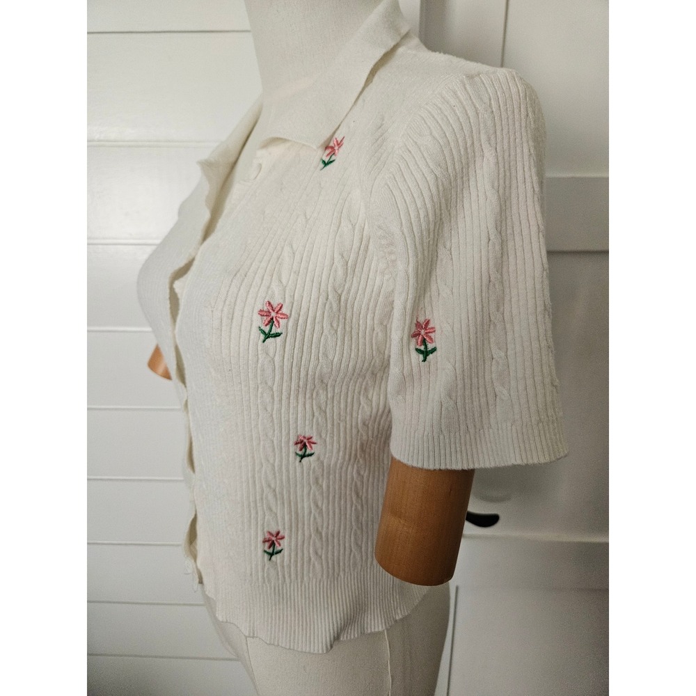 Luna Ivy White Cable Knit Floral Embroidered Polo Cardigan Sweater Women's M
